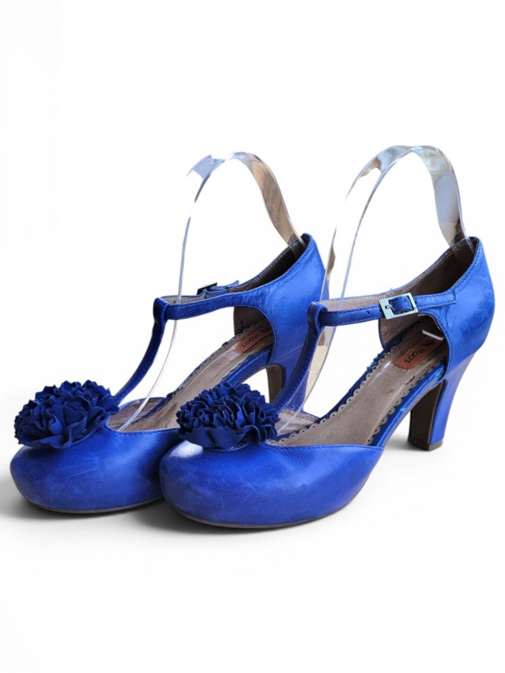 Miz Mooz Leather Lacey T-Strap Royal Blue Cobalt Flower Toe Pinup Style Heels